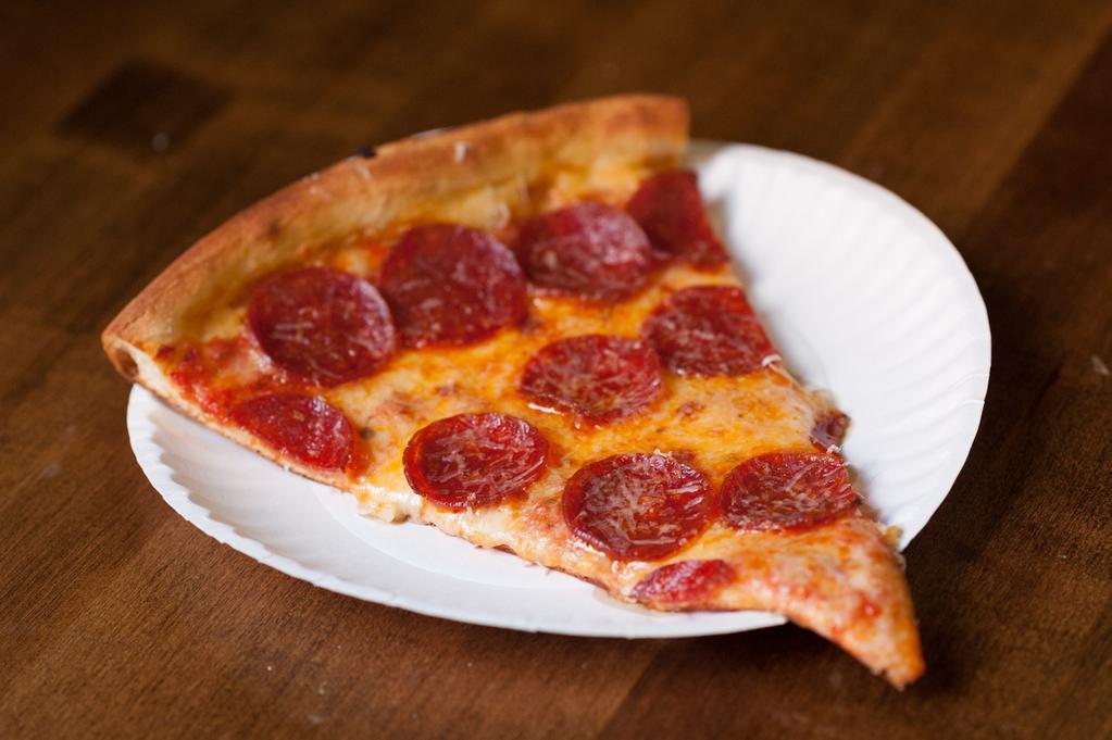 Pepperoni Pizza Slice · Thick cut pepperoni, house mozzarella, shaved Parmesan and red sauce. 