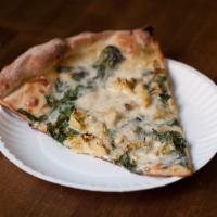 Artichoke Pizza Slice · Roman style artichoke, fresh spinach, aged provolone and fresh mozzarella with white sauce. 