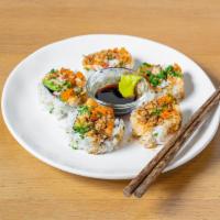Special California  · California roll, spicy mayo, unagi sauce, fried onion, masago, and chives.
