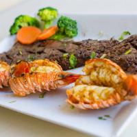 Mar y Tierra · Skirt steak with choice of shrimp or spiny 3oz lobster tail.