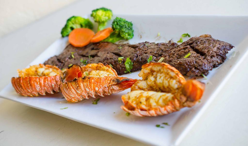 Mar y Tierra · Skirt steak with choice of shrimp or spiny 3oz lobster tail.