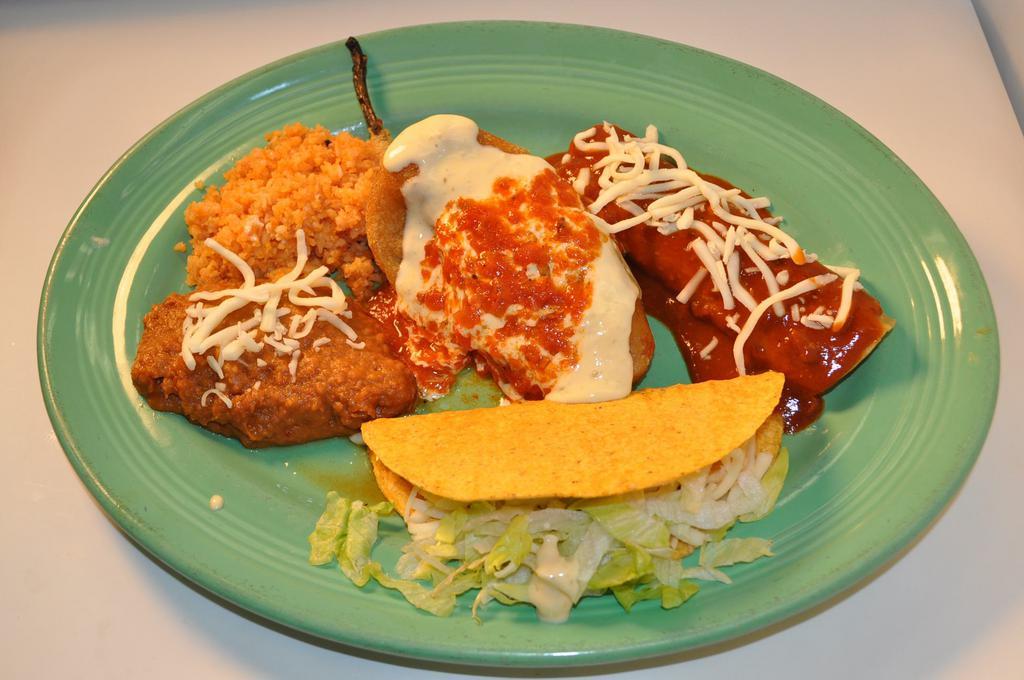 2. Taco beef crispy, Tamale pork & Chile Relleno cheese. · Include rice and beans.
NO SUBSTITUTIONS PLEASE