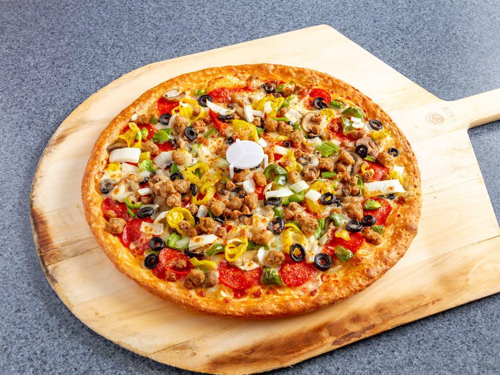 House Pizza · Onions, black olives, green peppers, mushrooms, banana peppers, pepperoni, sausage, beef, extra cheese and tomato sauce.