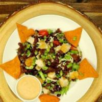 BBQ Chicken Salad · Fried chicken breast, brick cheese, black beans, grilled onions, bacon, tomato, scallions, b...