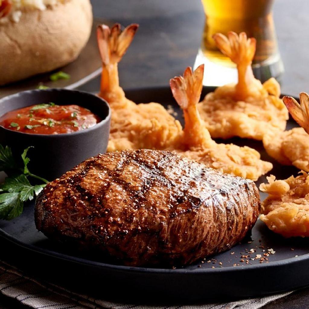 Gulf Coast Steak & Shrimp · Center-Cut Top Sirloin with grilled or fried shrimp. **Include choice of Fried Shirmp or Grilled Shrimp**