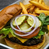 Cheeseburger · American cheese, lettuce, tomato, pickles, red onion.