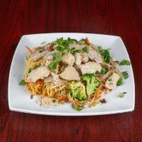 Seafood Stir Fried Egg Noodle · Stir fried with egg noodle, carrot, bean sprout, broccoli, and and shrimp, squid, and imitat...