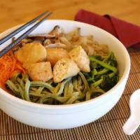 Vegetarian Noodle Soup · Home made spinach noodles, fresh veggies and fried tofu in a vegetable broth.  Vegetarian.