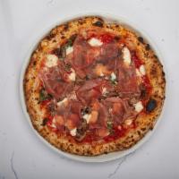 Prosciutto & Mushroom Pizza · Tomato sauce, prosciutto di Parma, mushroom, fresh mozzarella, basil.