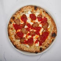 Meatball & Ricotta Pizza · Extra virgin olive oil, Neapolitan meatball, fresh mozzarella, ricotta, provola, marinara dr...