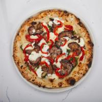 Roasted Eggplant Pizza · Extra virgin olive oil, marinated eggplant, roasted red pepper, mushroom, goat cheese, fresh...