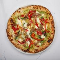 Sausage & Cream Pizza · Spring cream, Italian sausage, roasted red peppers, fresh onions, fresh mozzarella, provola,...