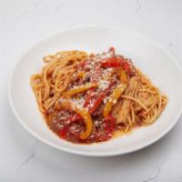 Spaghetti with Mushroom & Pepper Ragu · Mushroom, red and yellow pepper and tomato ragu, spaghetti, grana padano.