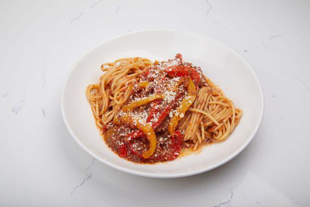Spaghetti with Mushroom & Pepper Ragu · Mushroom, red and yellow pepper and tomato ragu, spaghetti, grana padano.
