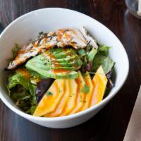 Mango and Avocado Salad · Baby greens, smoked paprika and vinaigrette, candied walnuts. Dairy free and Gluten free.