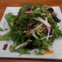 Side Mixed Green Salad · Spring greens, cucumber, radish and dijon balsamic vinaigrette. Gluten-free.