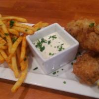 Cod and Fries · Beer battered and fried Alaskan cod, house made tartar sauce and lemon.
