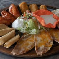 Botana Plate · Delicious plate served with cheese quesadillas, 4 stuﬀed jalapeños, bean and cheese nachos, ...