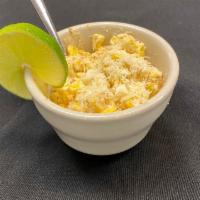 Vegan street corn · Corn, cashew sour cream, powder chipotle, and vegan parmesan