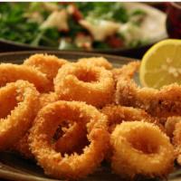 A6. Pla Muok Tod · Thai style deep fried breaded calamari with sweet chili sauce. 