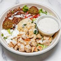 Greek Chicken & Quinoa · Grilled chicken, chopped romaine, falafel, tzatziki sauce, cucumbers, tomatoes, feta. (egg, ...