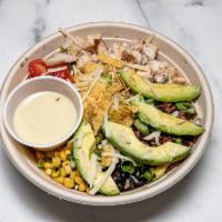 Southwest Grilled Chicken Bowl · Grilled chicken, purple rice blend, chopped romaine, avocado, pickled jalapenos, tomatoes, b...