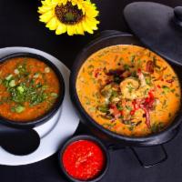 Famous Brazilian Moqueca Style SHRIMP ** SERVES 2 PEOPLE · JUMBO SHRIMP stew, slowly cooked in a sand pan with dende oil, coconut milk, tomatoes and he...