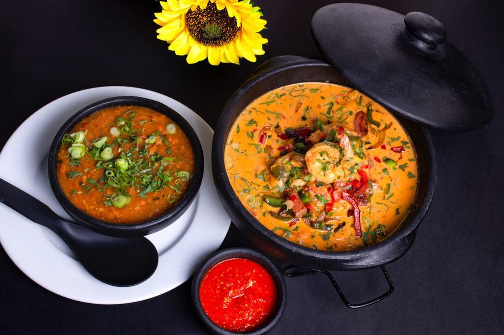 Famous Brazilian Moqueca Style SHRIMP ** SERVES 2 PEOPLE · JUMBO SHRIMP stew, slowly cooked in a sand pan with dende oil, coconut milk, tomatoes and herbs, served with cassava puree (PIRAO)