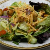 Side Garden Salad · Fresh Greens, Grape Tomatoes, Cucumber, Red Onion, Croutons, Cheddar Cheese.