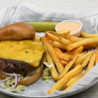 1/2 Lb. All-american Cheeseburger · Lettuce, Tomato, Onions, Fries.