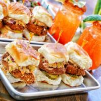 Fried Chicken Sliders  · 3 Fried chicken sliders topped with coleslaw, pickles & chipotle on a Hawaiian Bun
