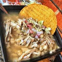 SMALL Chicken Pozole  Soup (160z) · Fresh chicken broth, with homony and shredded chicken. Side of cabbage,raddish, onions,orega...