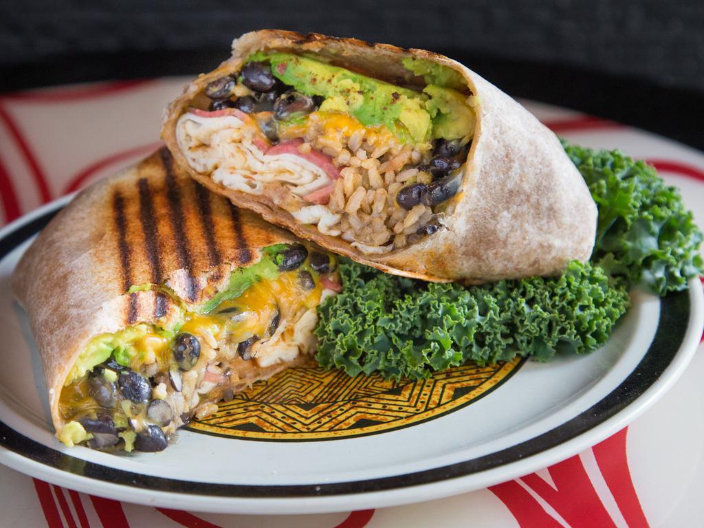 53. Morning Burrito · Egg white, turkey bacon, low-fat cheddar, avocado, black beans, brown rice and hot sauce.