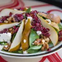 40. Power Pear Salad · Mesclun, spinach, pear, walnuts, cranberries and goat cheese. 