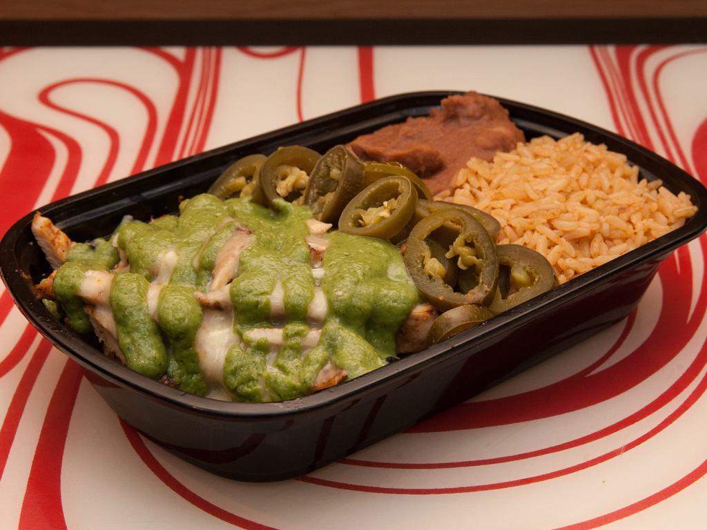 44. Strength Plate · Chicken, low-fat pepper jack, jalapenos, pinto mash and brown rice served with Al Horno sauce. 