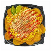 Tostielote · corn, mayonnaise, cotija cheese, lime, hot sauce, tajin, served with choice of chips