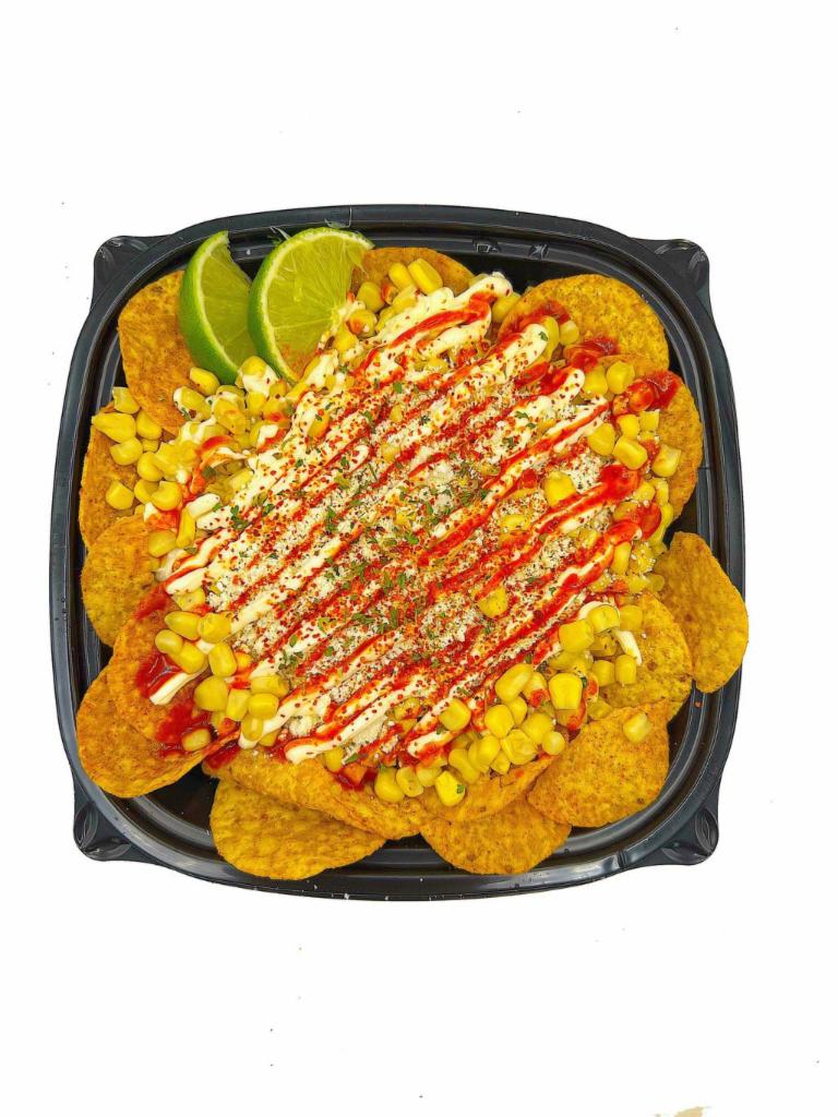 Tostielote · corn, mayonnaise, cotija cheese, lime, hot sauce, tajin, served with choice of chips