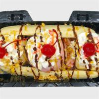 Banana Split · 3 scoops of ice cream, banana, chocolate and caramel drizzle, peanuts, whipped cream, with a...