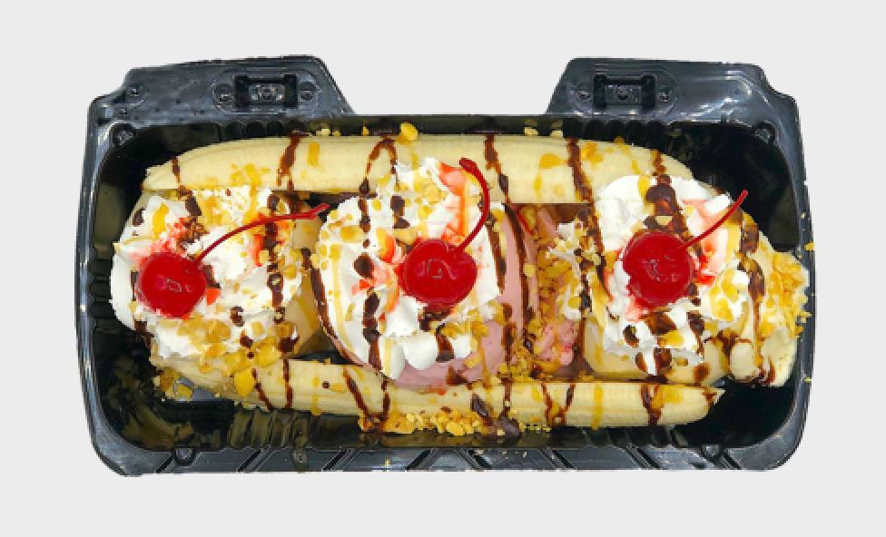 Banana Split · 3 scoops of ice cream, banana, chocolate and caramel drizzle, peanuts, whipped cream, with a cherry on top