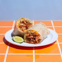 KC Burrito · Choice of meat, curly fries, guacamole, sour cream and shredded cheese on a flour tortilla.