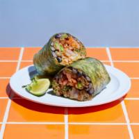 Mean Bean Burrito · Black beans, crispy green beans, curly fries, guacamole, shredded cheese, and sour cream on ...