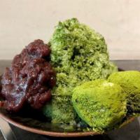Matcha-Sweet Red Bean · Deluxe shaved milk ice recipe top with organic matcha powder with our famous sweet red bean ...