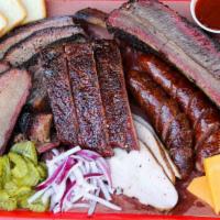 Texas BBQ Family Combo · Design for 2-3 person 5 course meal. Full BBQ baby rib 3-links BBQ sausage 3-corn bread 8 oz...