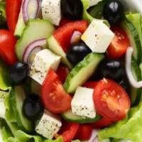 Greek Salad · Romaine, olive, carrot, cucumber, mixed pepper, red cabbage, tomatoes and feta. Add protein ...