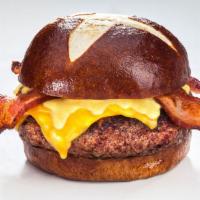 Pretzel Bacon Burger · Cheddar, applewood smoked bacon, honey mustard, grilled pretzel roll.