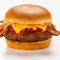 Arooga's Burger · American cheese, applewood smoked bacon, cherry pepper relish, burger sauce, brioche.