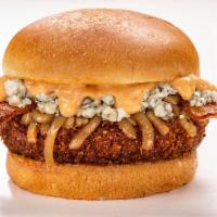 Bleu and Bacon Burger · Bleu cheese crumbles, beer-caramelized onion, applewood smoked bacon, Sriracha aioli and bri...