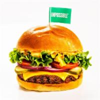 Impossible Burger · Plant-based burger, American cheese, lettuce, tomato, red onion, pickle, burger sauce. Subst...