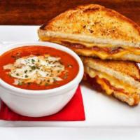 Grilled Cheese Sandwich and Tomato Basil Soup · Smoked Gouda, American, cheddar and provolone cheeses with applewood smoked bacon grilled be...