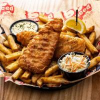 Drunken Fish and Chips · Boston Lager beer-battered Alaskan cod, fries, scratch-made slaw, lemon, malt vinegar remoul...